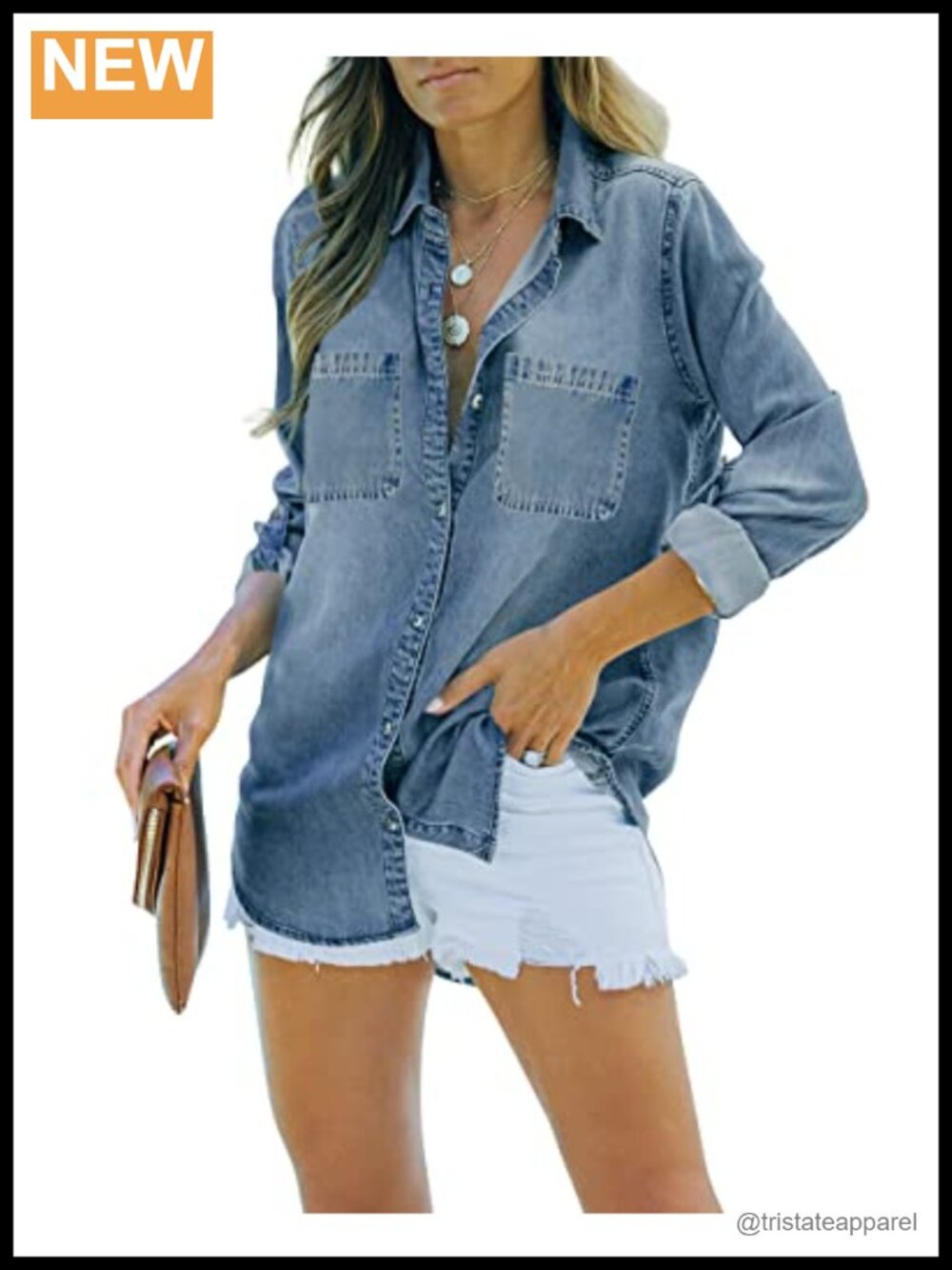 Women's Long Sleeve Button Down Denim Jean Jacket Shacket with Pockets